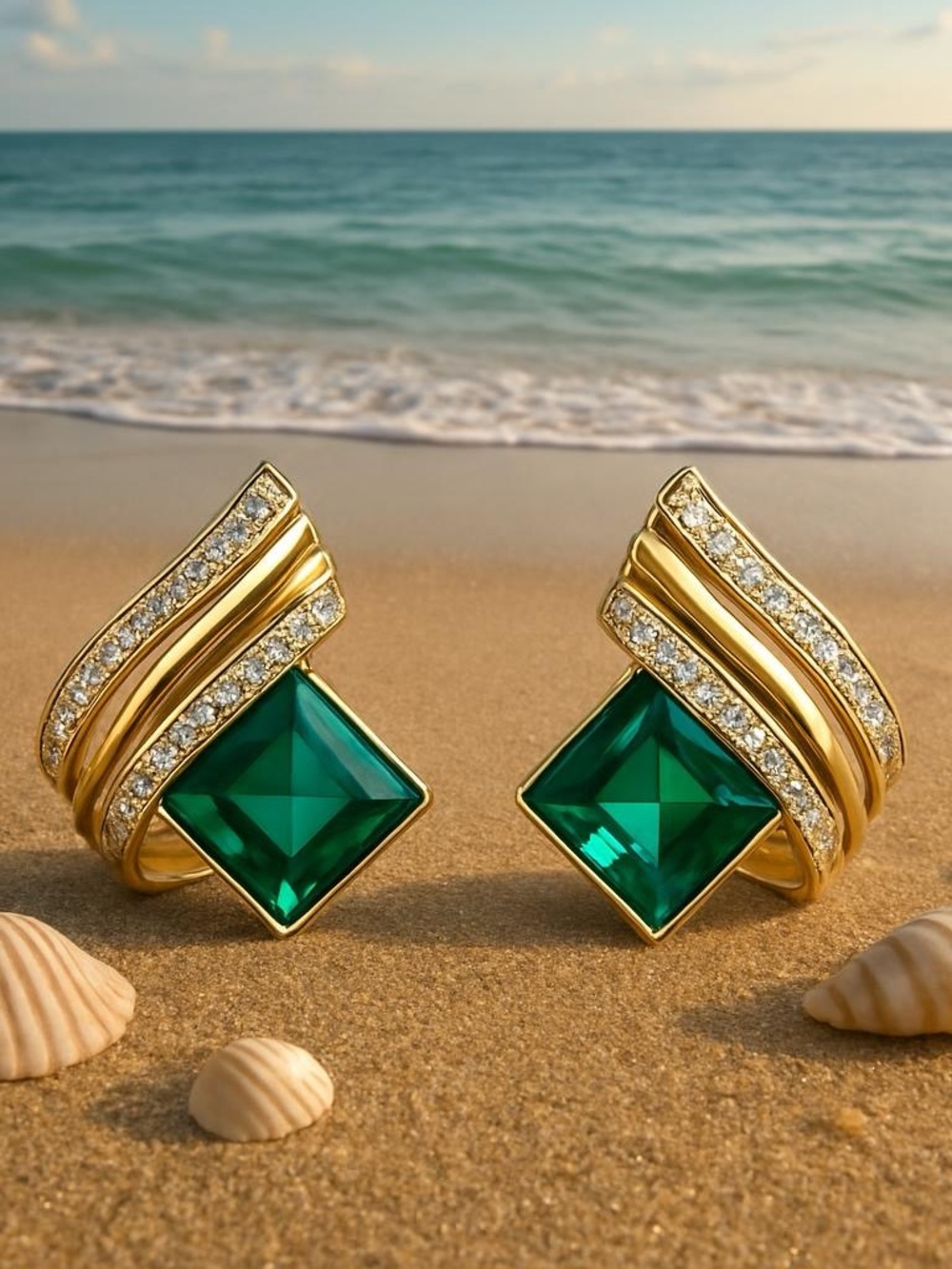Geometric Green and Gold Earrings with Sparkling Emerald Accents